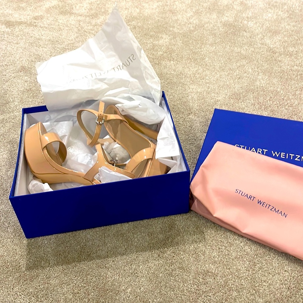 Stuart Weitzman beige platforms with pearl detail